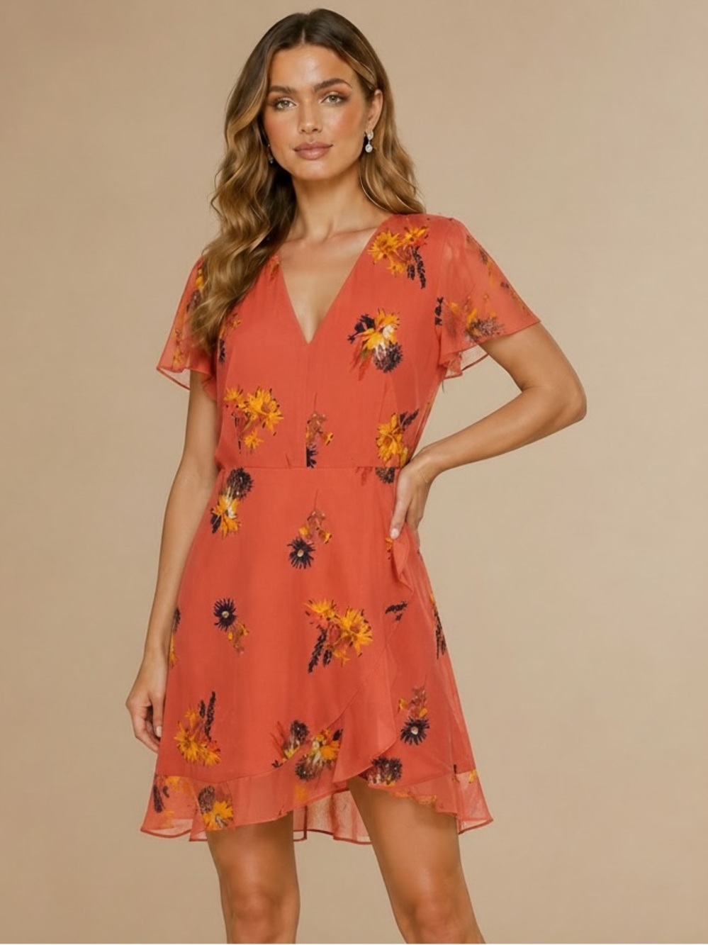 MWT MADEWELL Sheer Short Sleeve V-Neck Ruffle Detail Floral Dress Size 8 - Picture 2 of 5